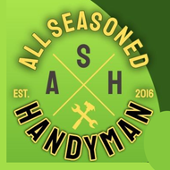 Logo for "All Seasoned Handyman" with green and yellow color scheme, tools, and crossed lines.