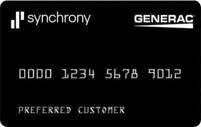 Black Generac Synchrony credit card with white text and logo.