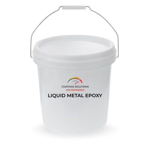White bucket of Liquid Metal Epoxy from Coatings Solutions, with a metal handle.