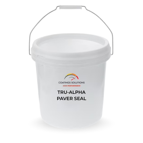 White bucket labeled "TRU-ALPHA PAVER SEAL" with a metal handle, likely containing sealant for paving stones.
