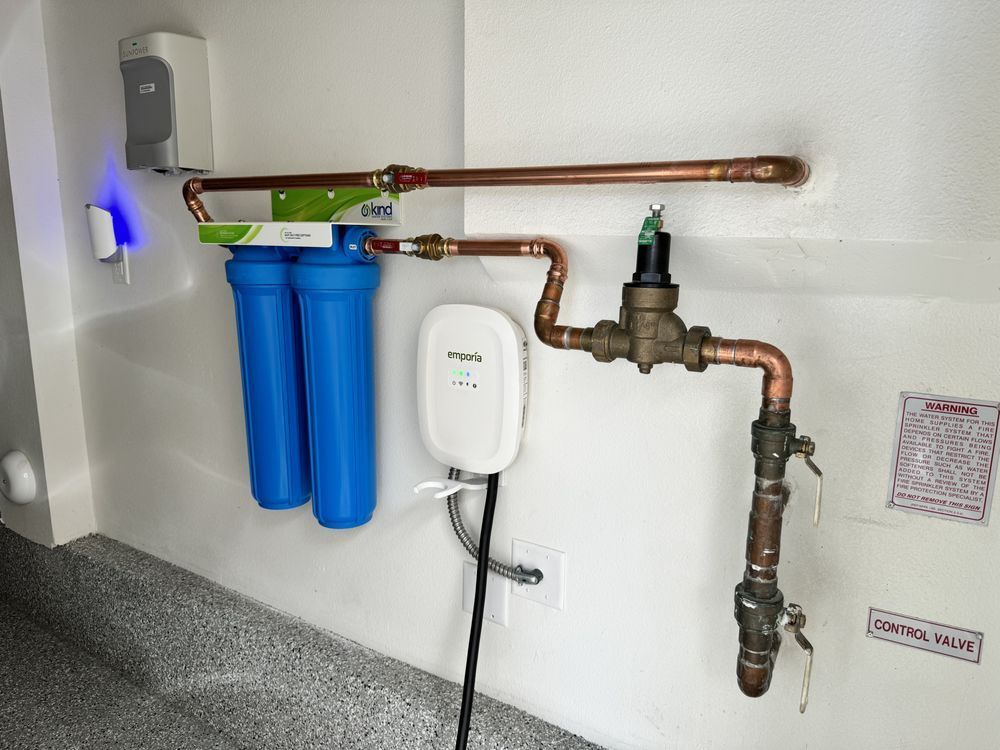 Wall-mounted water filtration and plumbing system with blue filter canisters and copper pipes.