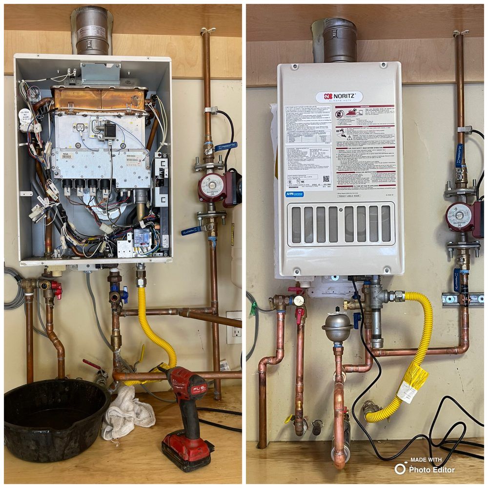 Water heater installation before and after, with open left unit and covered right unit, plumbing and tools below