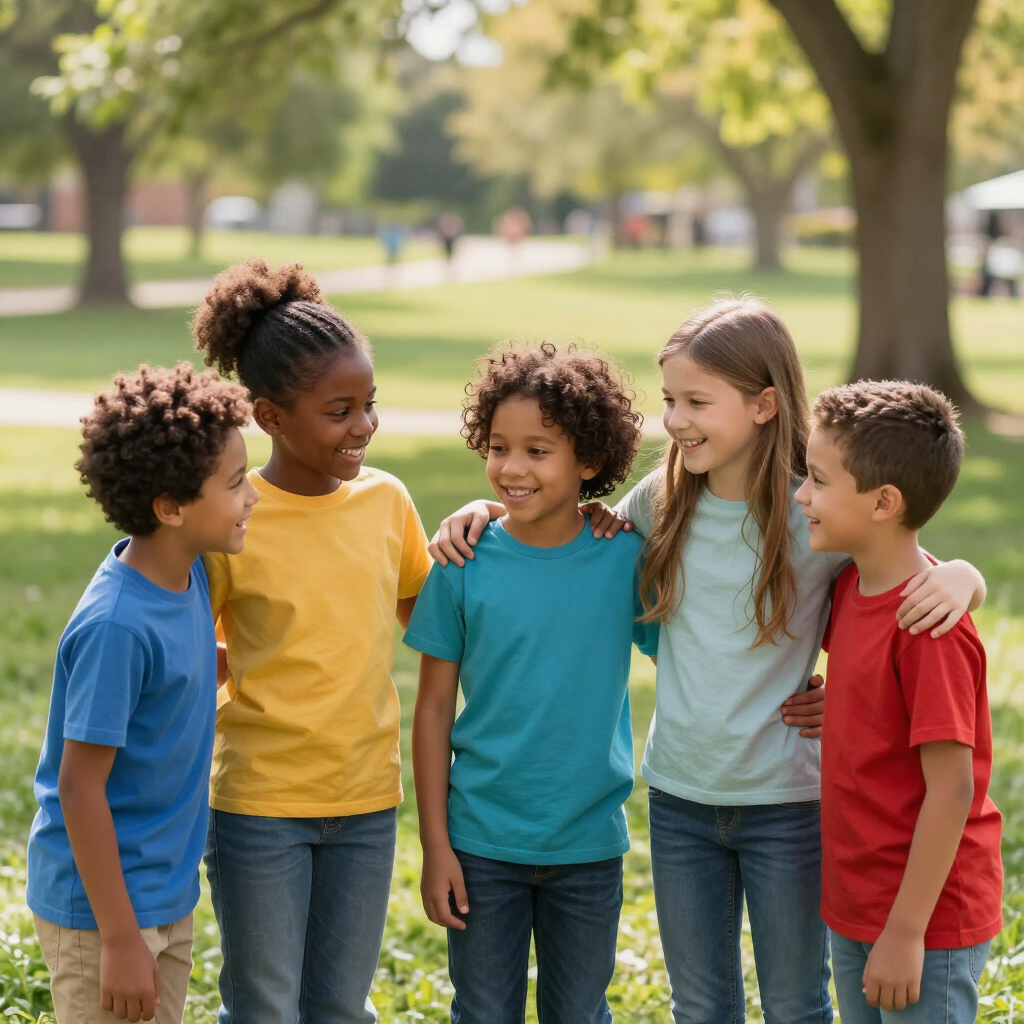 Five smiling children standing together in a park on a sunny day