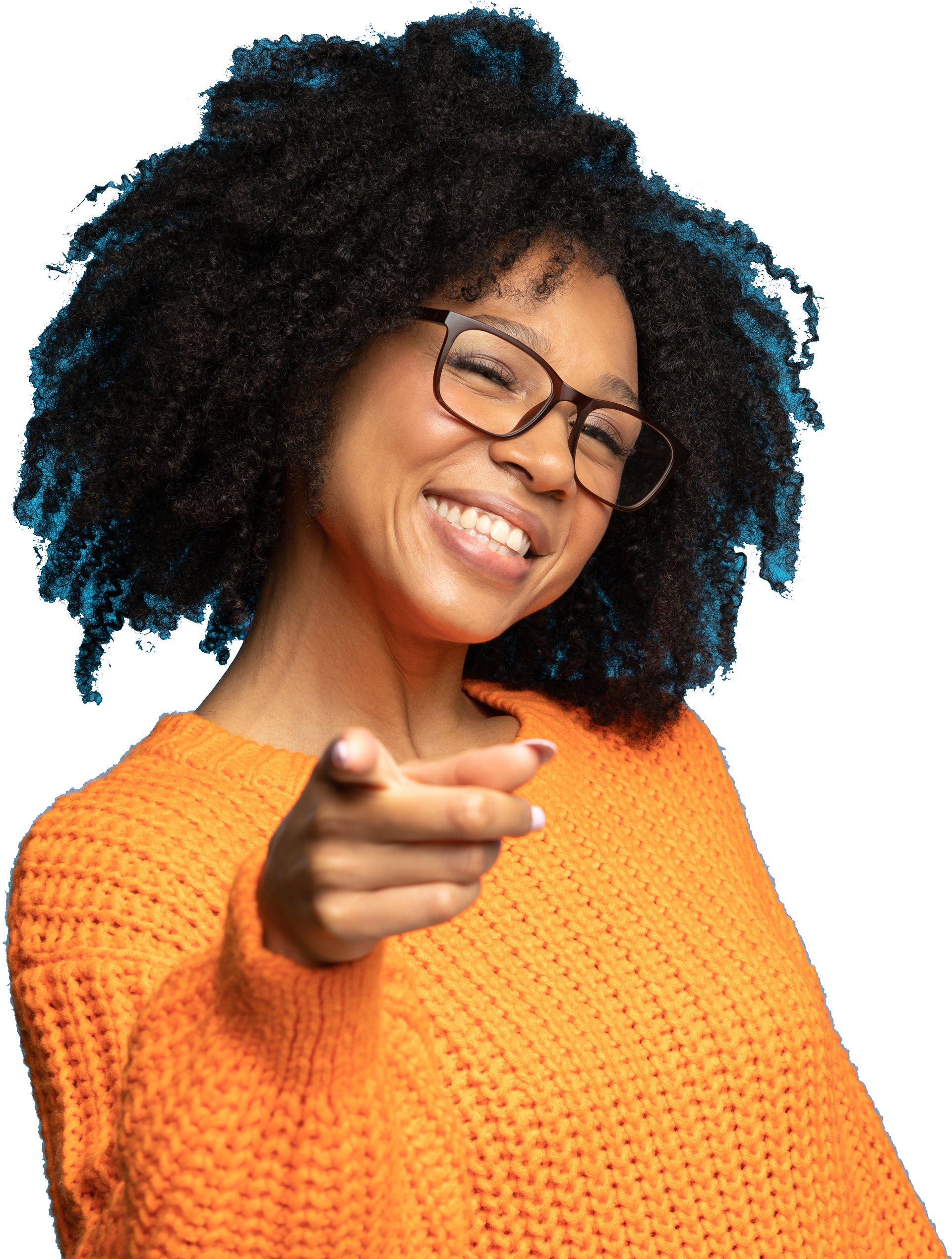 A woman wearing glasses and an orange sweater is pointing at the camera.