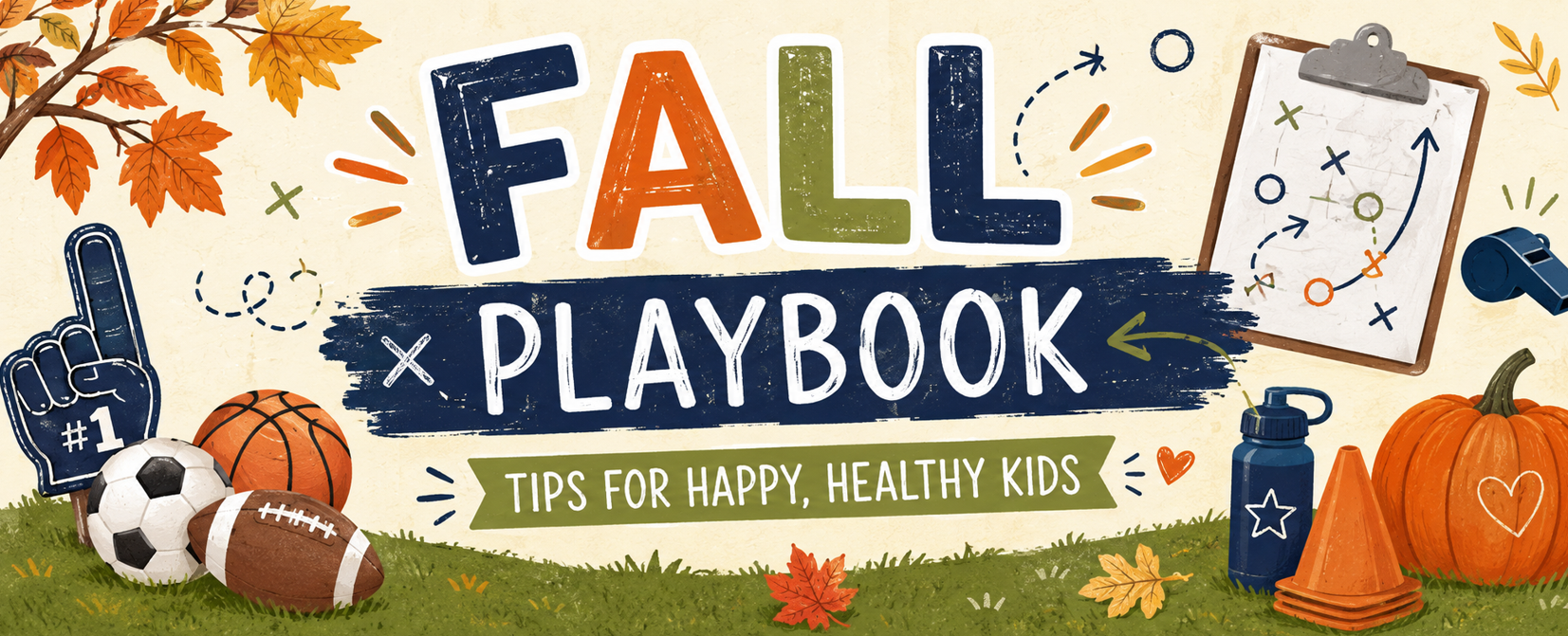 Fall playbook banner with football, autumn leaves, and pumpkins on a wooden sign
