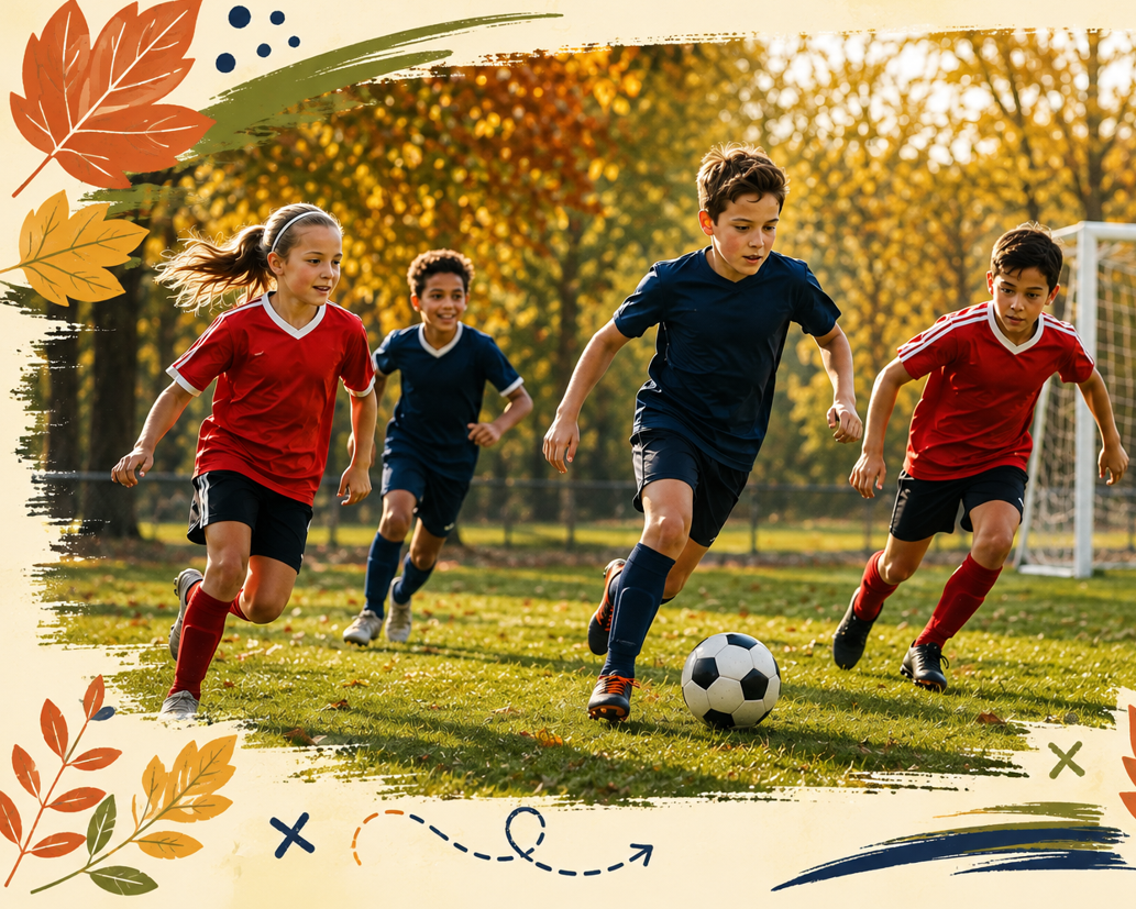 Children playing soccer on a sunny autumn field, chasing a ball among orange leaves.