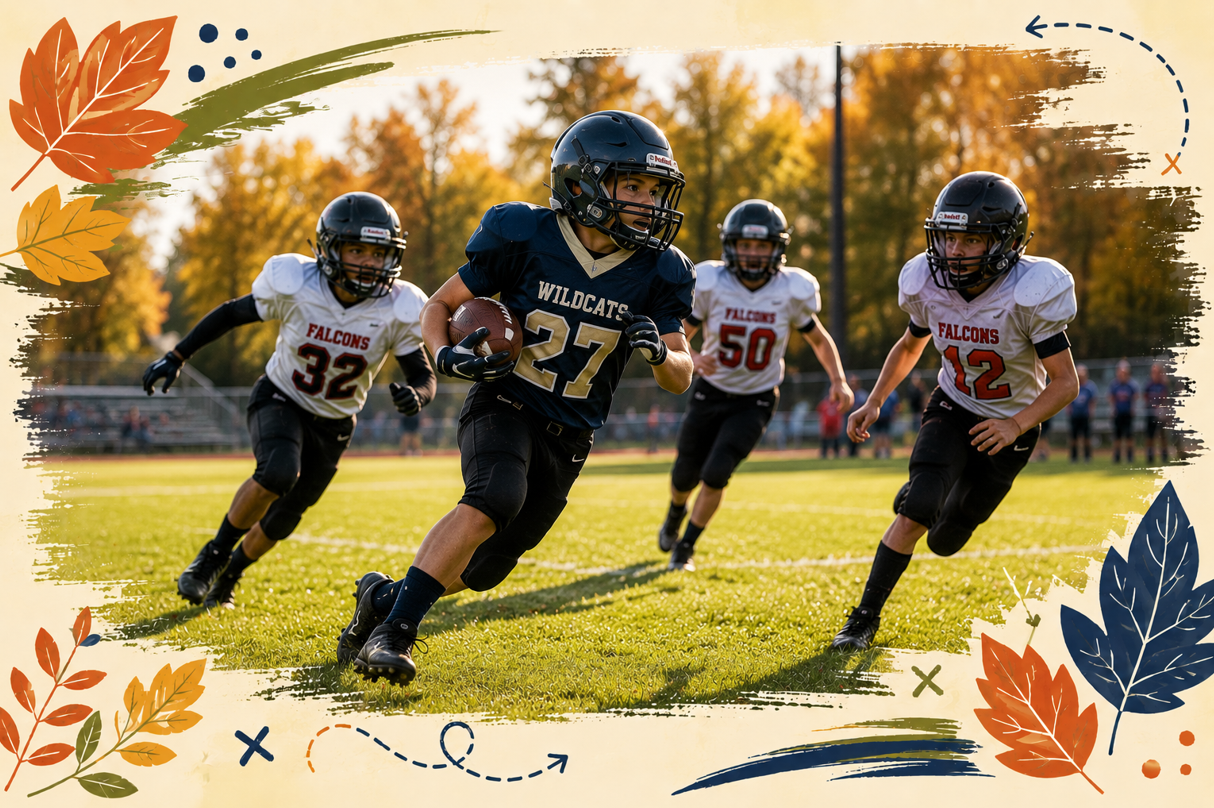 Youth football players sprinting on a sunny field, framed by autumn leaves.