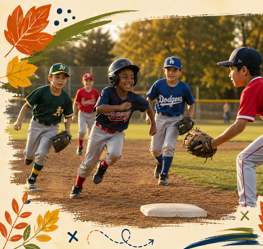 Kids playing baseball, running toward first base on a sunny field.