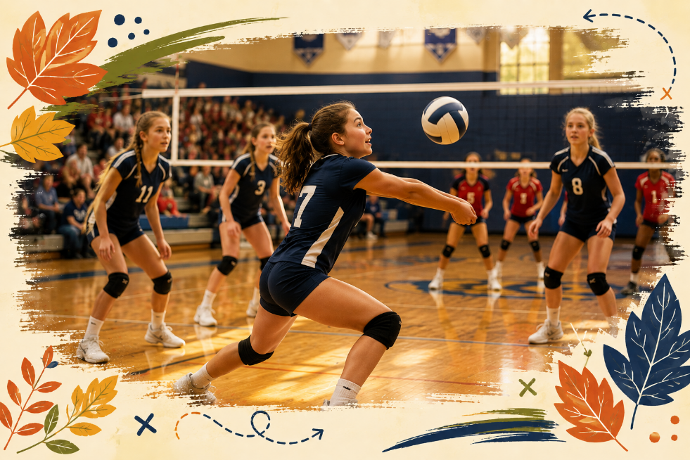 Volleyball players in navy uniforms dive for a ball on an indoor court during a match, framed by autumn leaves.