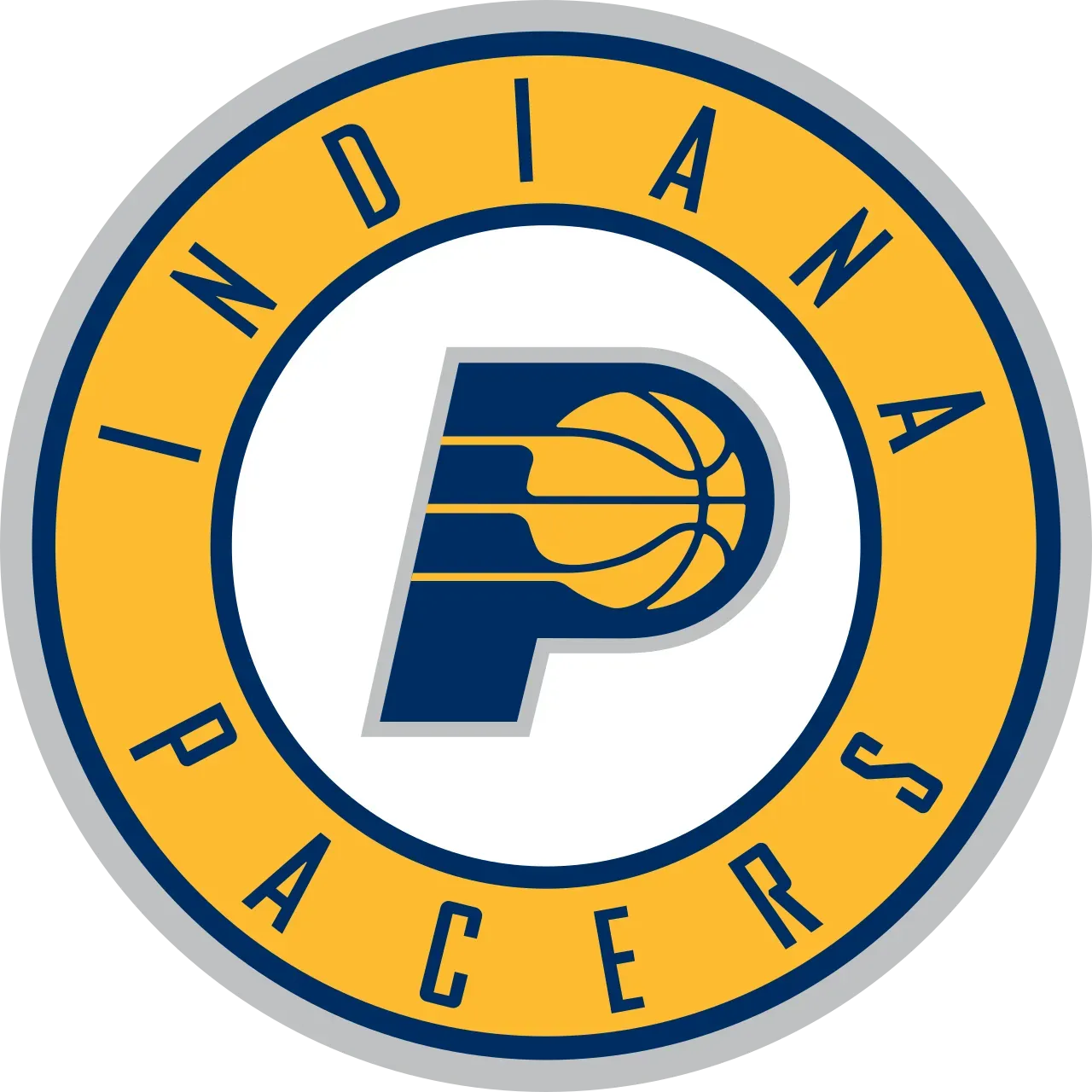 Indiana Pacers circular logo in blue, gold, and white with a stylized “P” basketball emblem