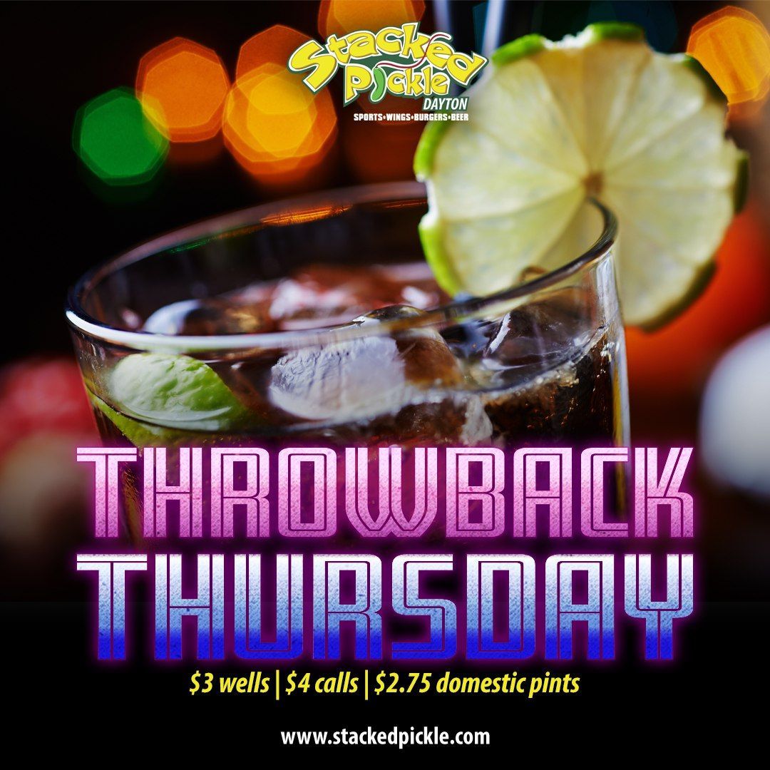 Throwback Thursday bar ad with a cocktail, lime garnish, and neon pink text on a dark background