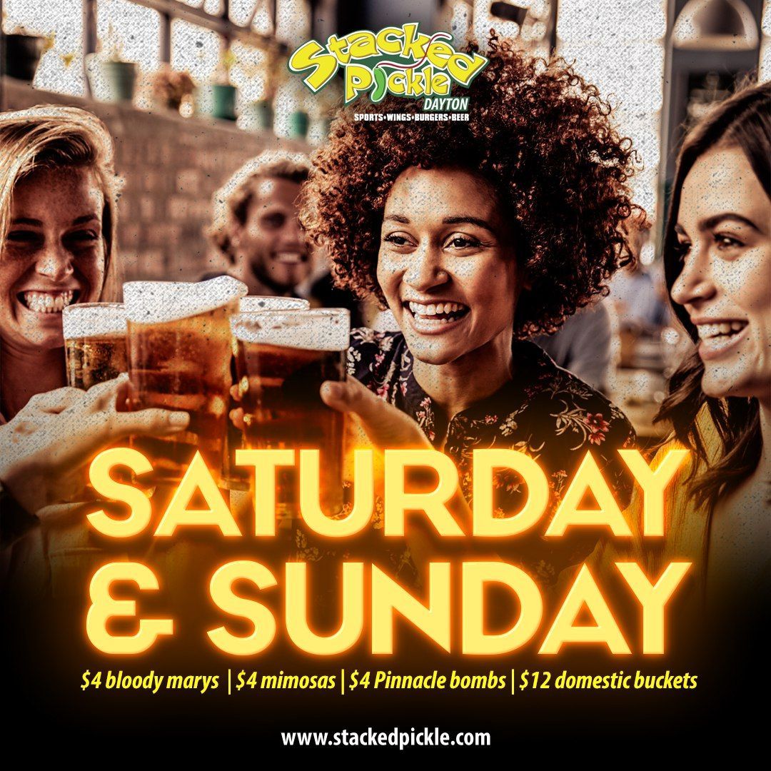 Saturday and Sunday event poster with smiling people holding beers in a lively bar scene