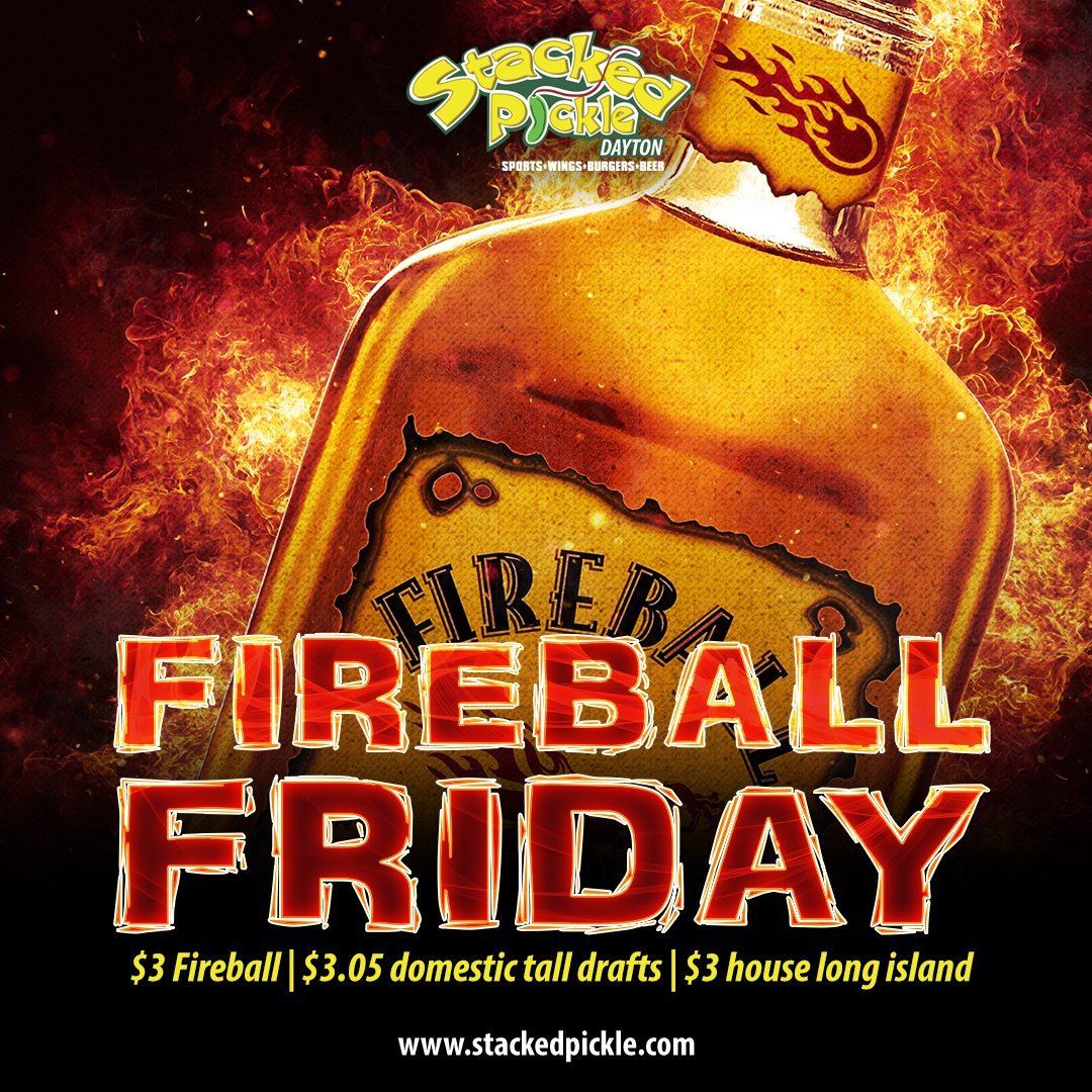 Fireball Friday promo poster with a flaming Fireball bottle and bold red text on a fiery background