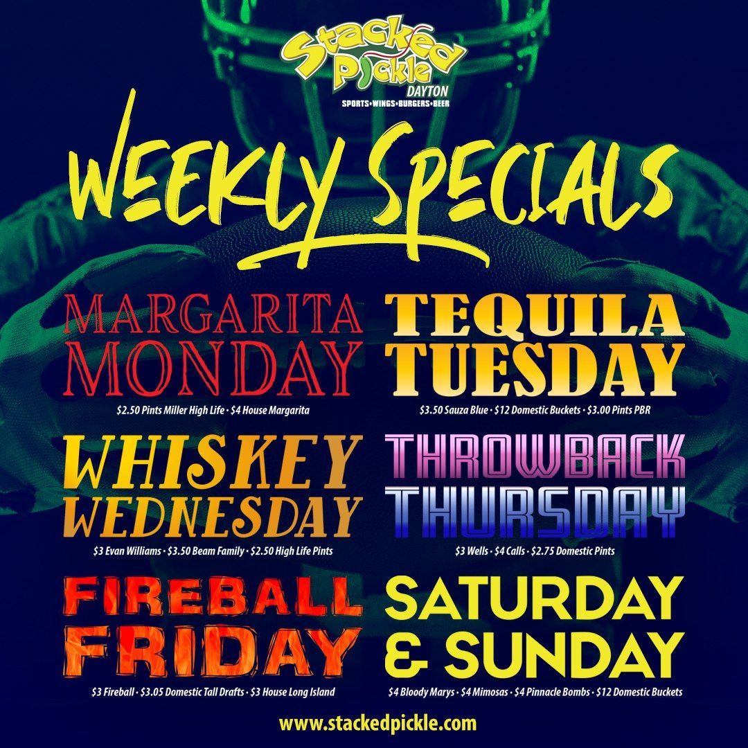 Weekly specials flyer with weekly drink specials and deals.