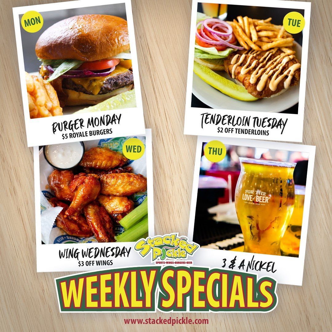 Weekly specials poster with burgers, fries, wings, and a beer in four food photos.