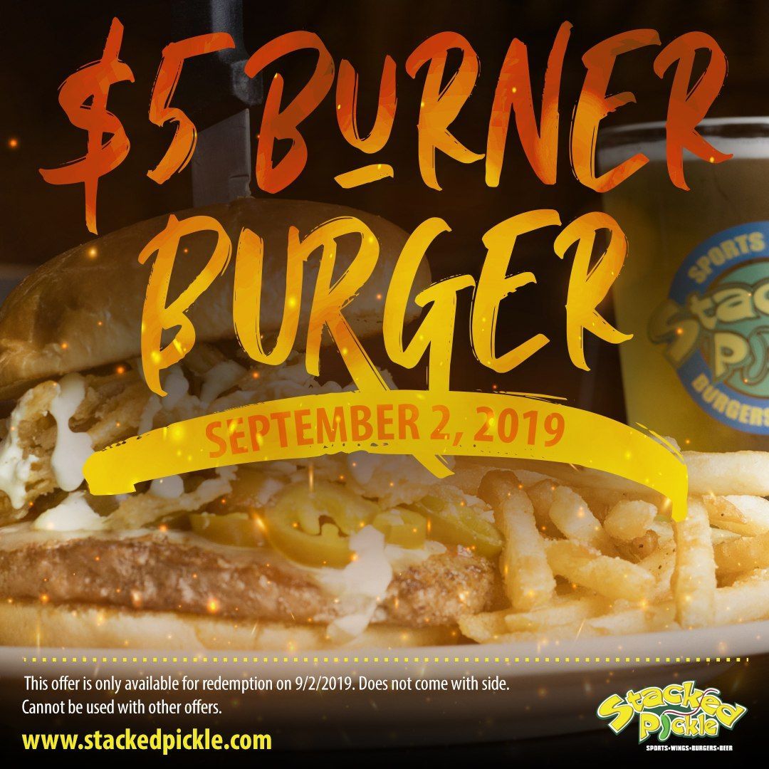 Promotional graphic for a $5 Burner Burger, with September 2, 2019 on a yellow banner over a close-up burger.