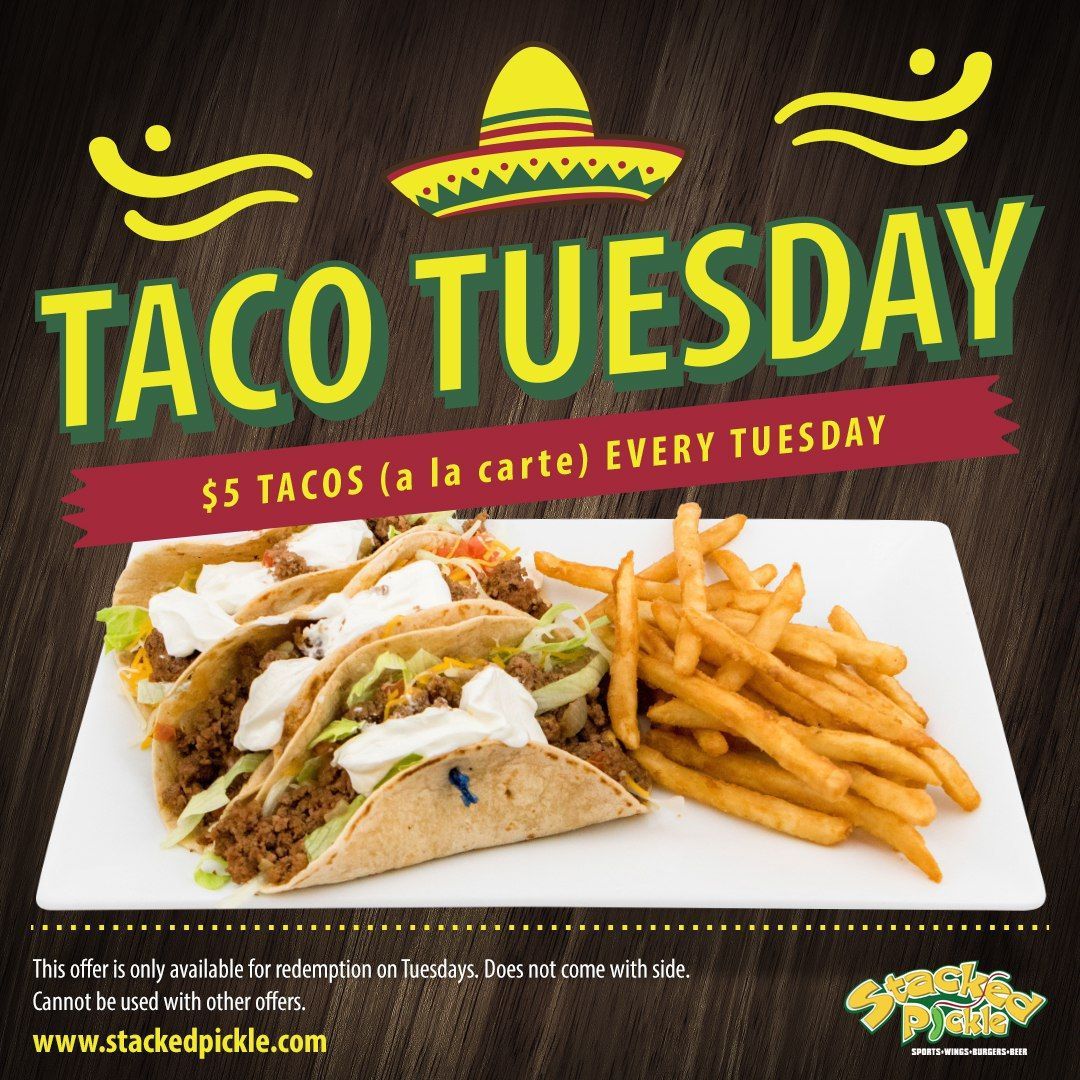 Taco Tuesday promo with tacos, fries, and a sombrero graphic on a dark background