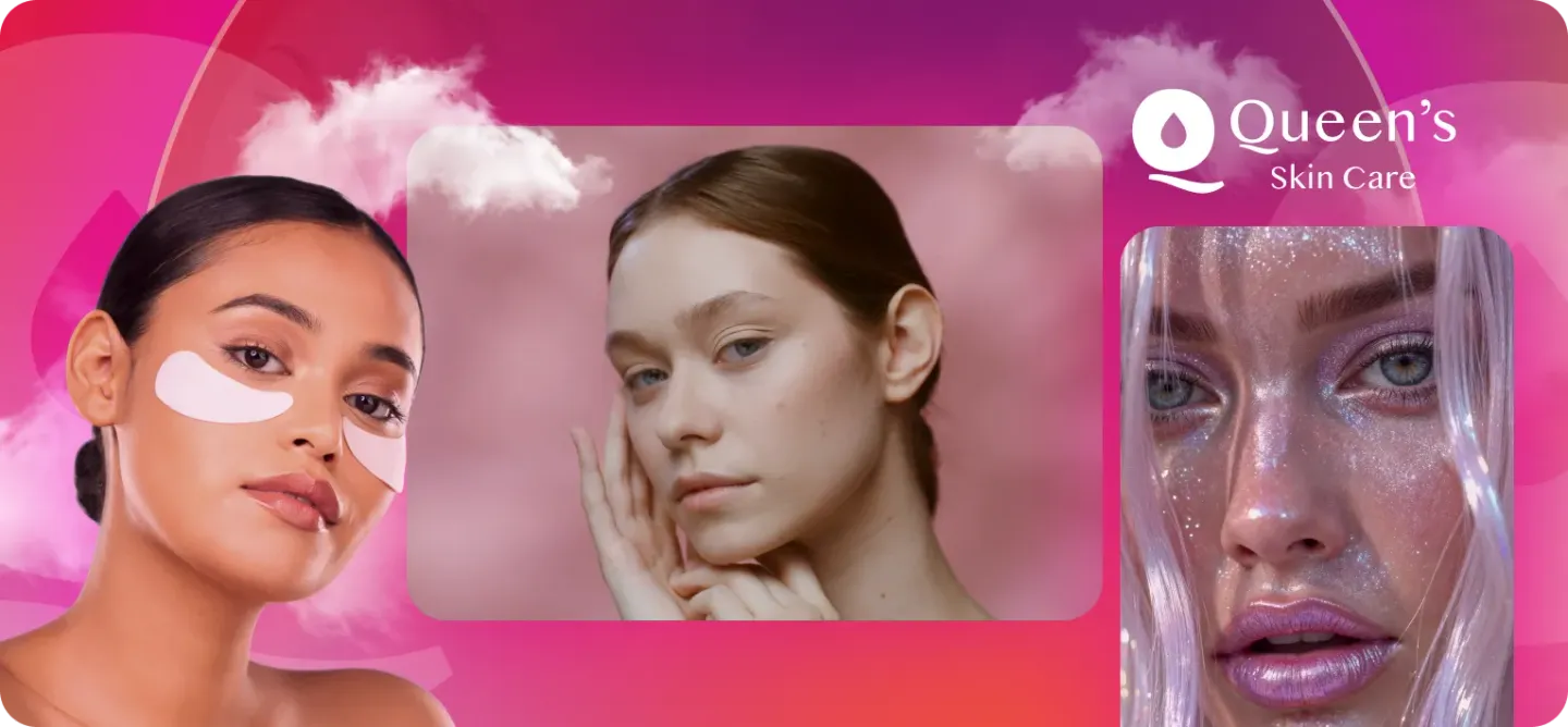 A beauty advertisement featuring three women with radiant skin, highlighting Queen's Skin Care products.