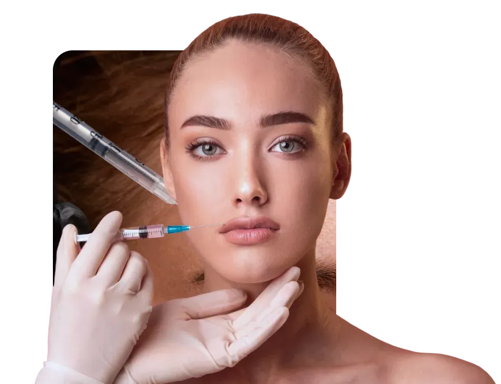 Woman receiving facial injection with gloved hands.