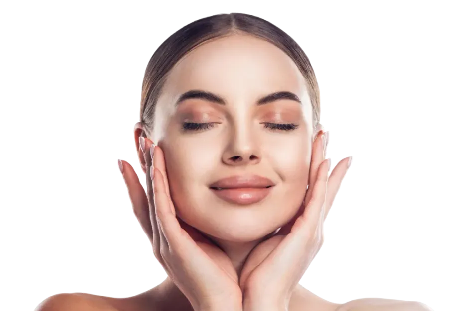 Woman with eyes closed, hands on cheeks, smiling.