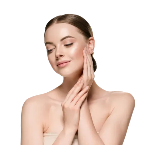 Woman with fair skin touches her face with both hands, eyes closed, smiling slightly.