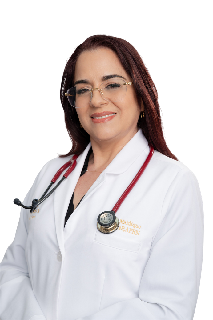 Woman in a white lab coat with a red stethoscope. She wears glasses and smiles.