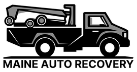 The Maine Auto Recovery logo shows a tow truck with a crane attached to it.