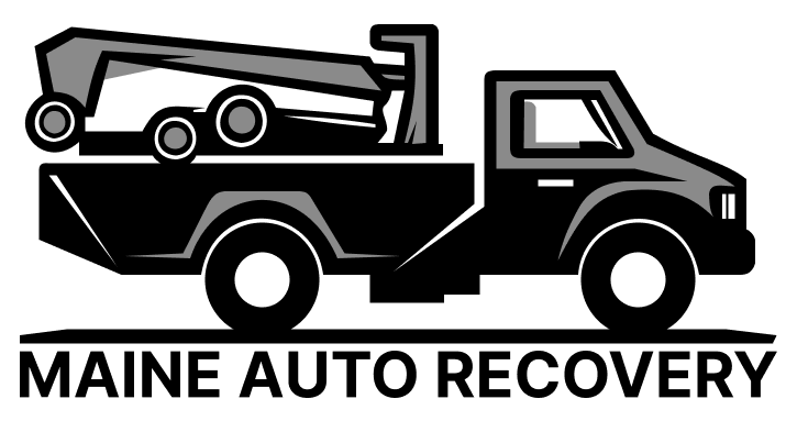The Maine Auto Recovery logo shows a tow truck with a crane attached to it.