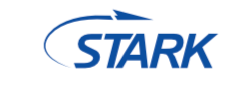 A blue and white logo for stark with an arrow