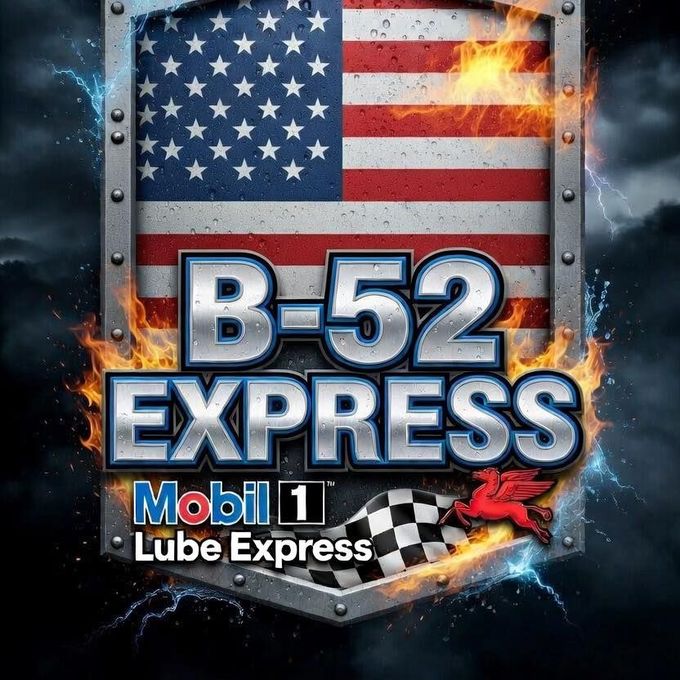 B-52 Express and Mobil 1 Lube Express logo over a shield with a U.S. flag and flames