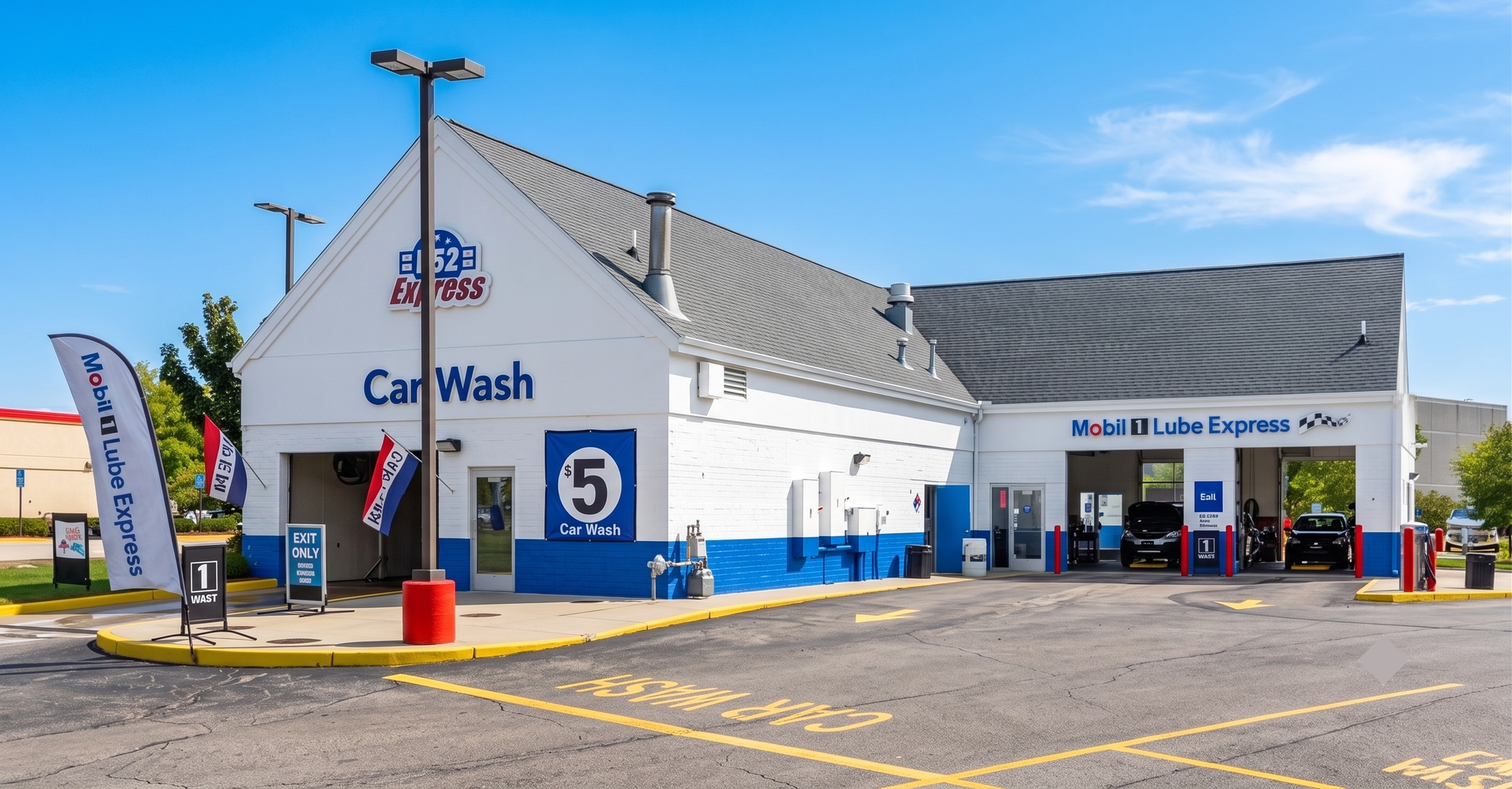 Car Wash building with blue trim and parking lot, featuring a large blue “5” sign.