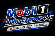 Mobil 1 Lube Express logo with blue and red text, checkered flag, and service icons on a black background