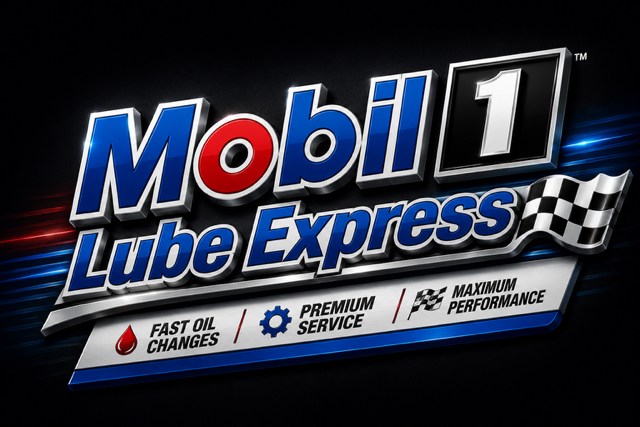 Mobil 1 Lube Express logo with blue and red text, checkered flag, and service icons on a black background