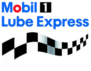 Mobil 1 Lube Express logo with blue and black text and a black-and-white checkered flag