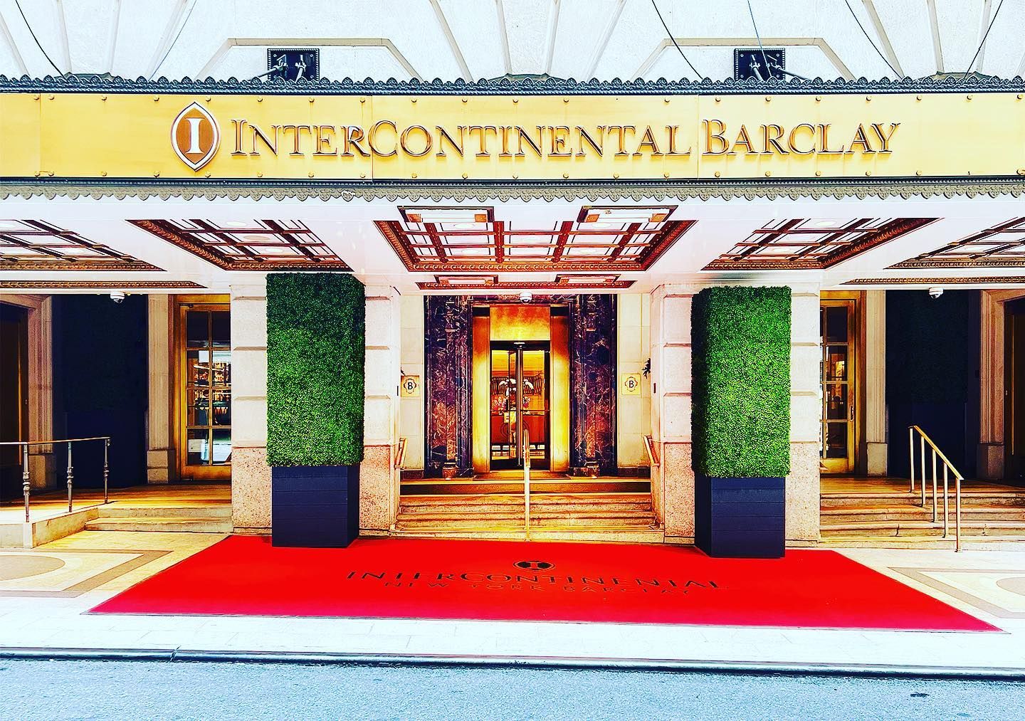 Two wooden chairs sit near a pool against a wall covered in green faux hedge on a sunny day.