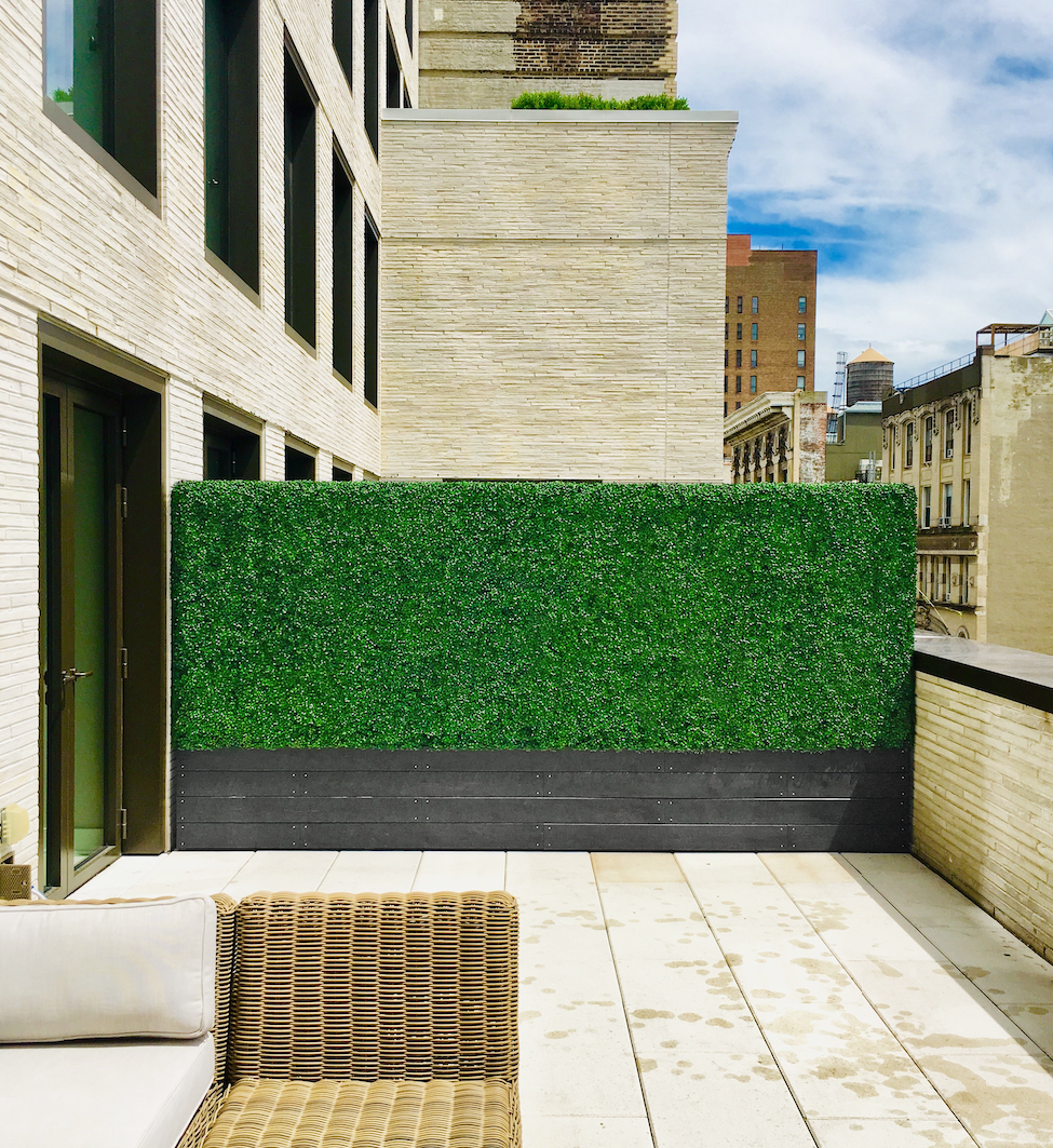 A rooftop terrace features a tall artificial green hedge privacy screen, wood flooring, and a textured woven chair.