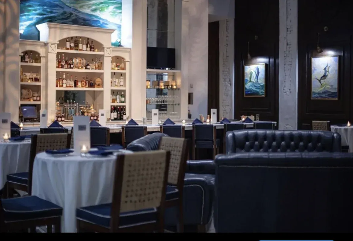 A restaurant with tables and chairs and a bar
