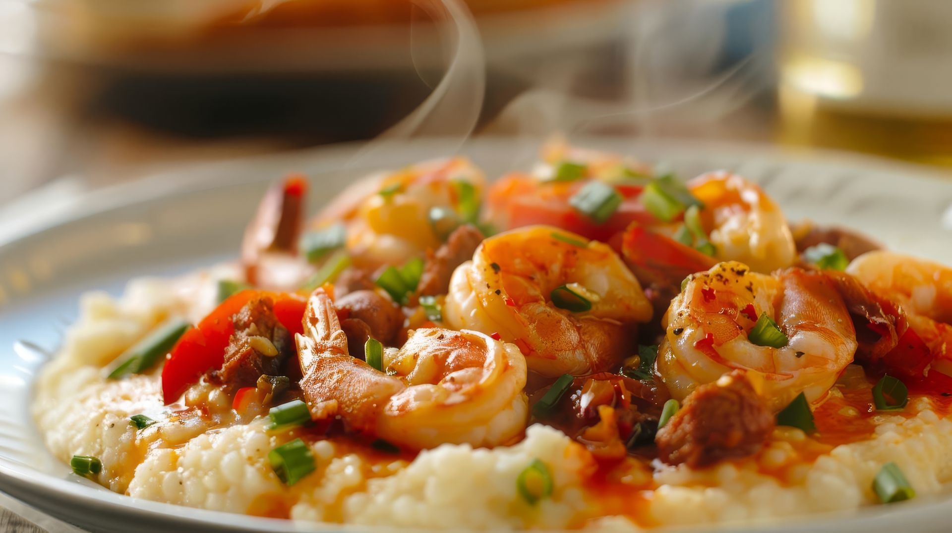 A close up of a plate of shrimp and grits on a table.