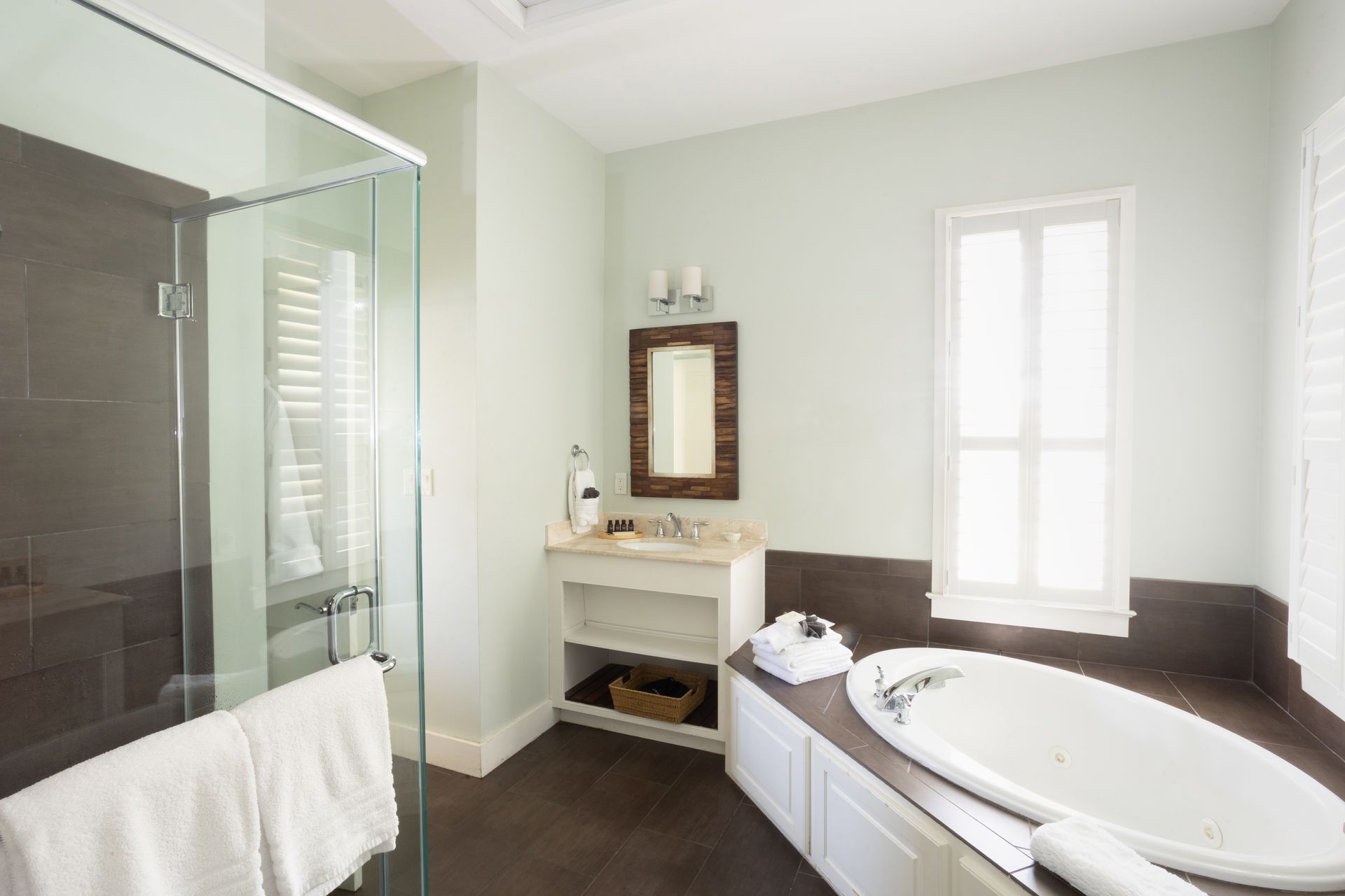 Master bathroom with stand up shower and soaking tub