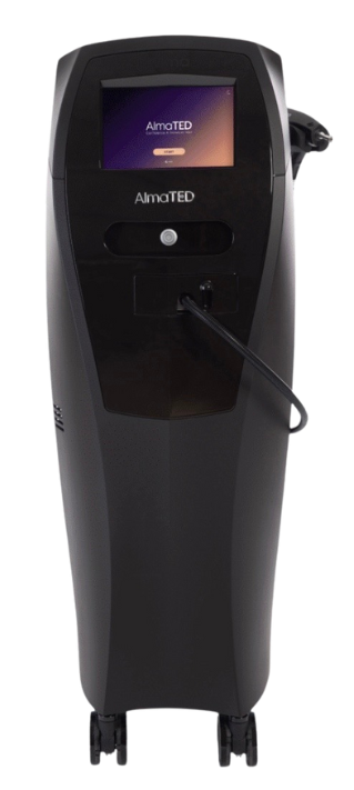 Black medical device with screen, wheels, and power cord. The screen displays the brand name