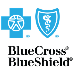 Logos for Blue Cross Blue Shield. The first is a blue cross with a human figure inside a circle, the second a blue shield with a serpent coiled around a staff.