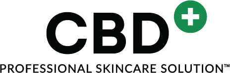 Logo for CBD+ Professional Skincare Solution, with black bold text and a green plus sign.
