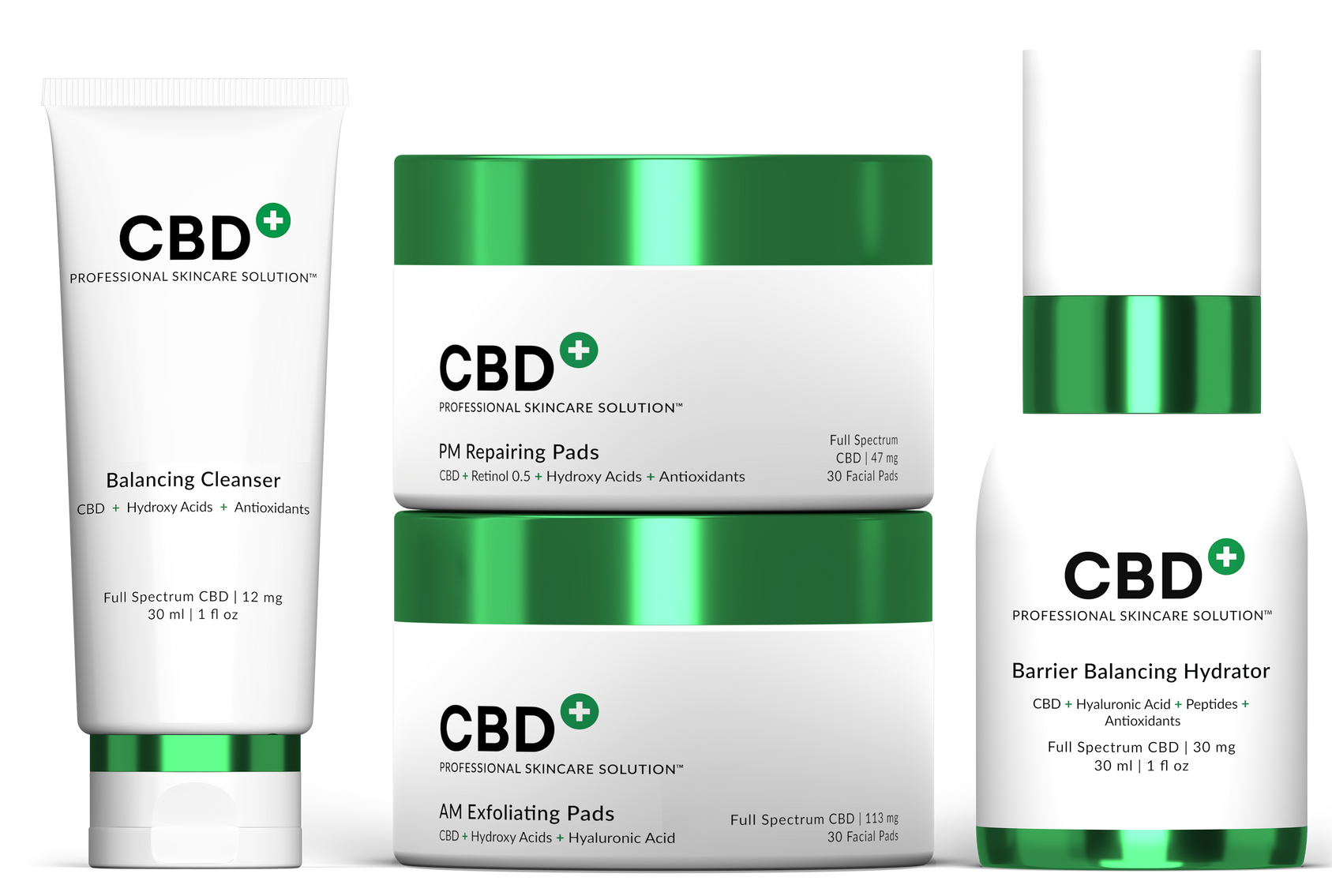 Collection of white skincare products with green accents and the CBD+ logo on a white background.