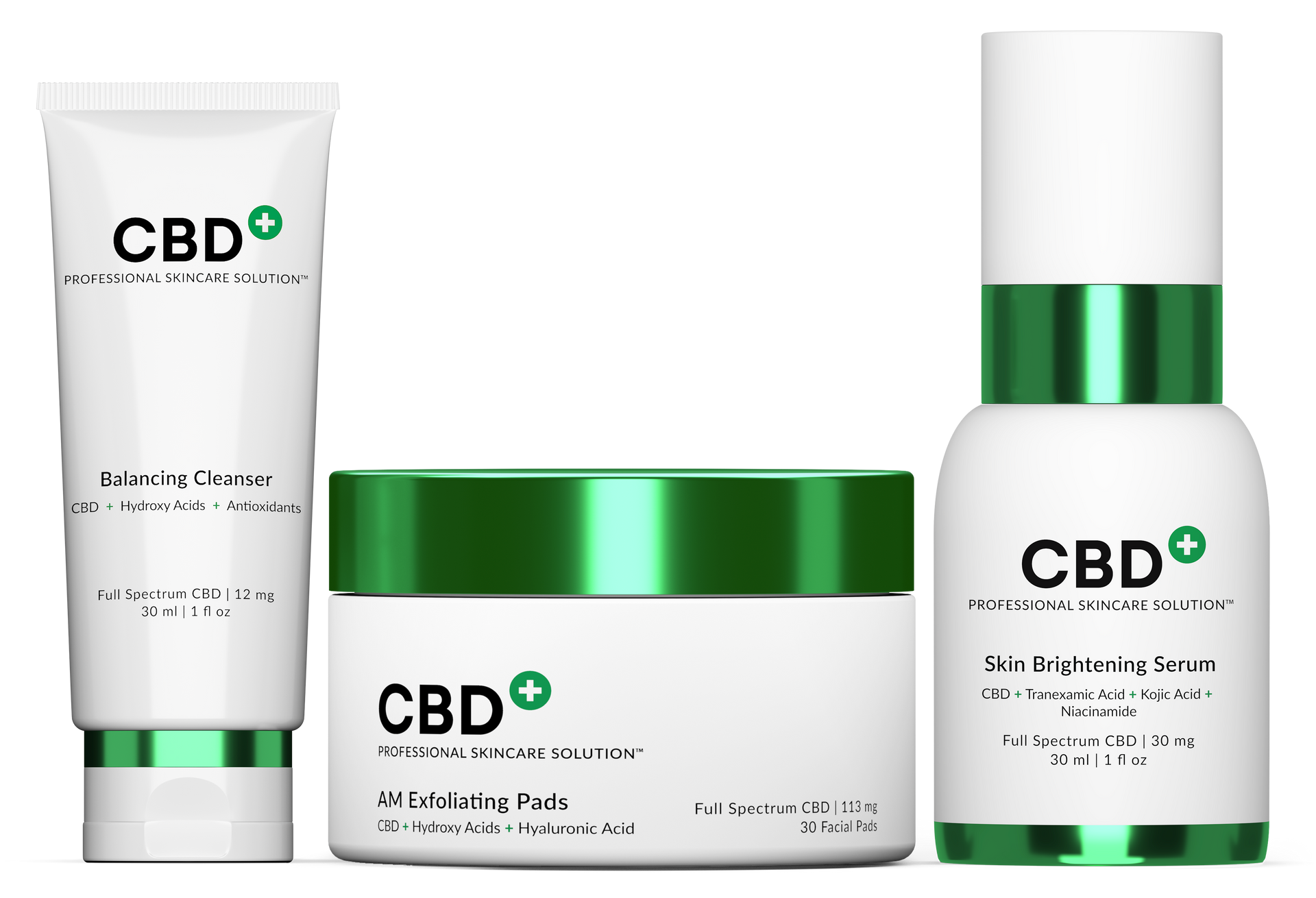 Three white CBD skincare products with green accents: cleanser, exfoliating mask, and skin brightening serum.