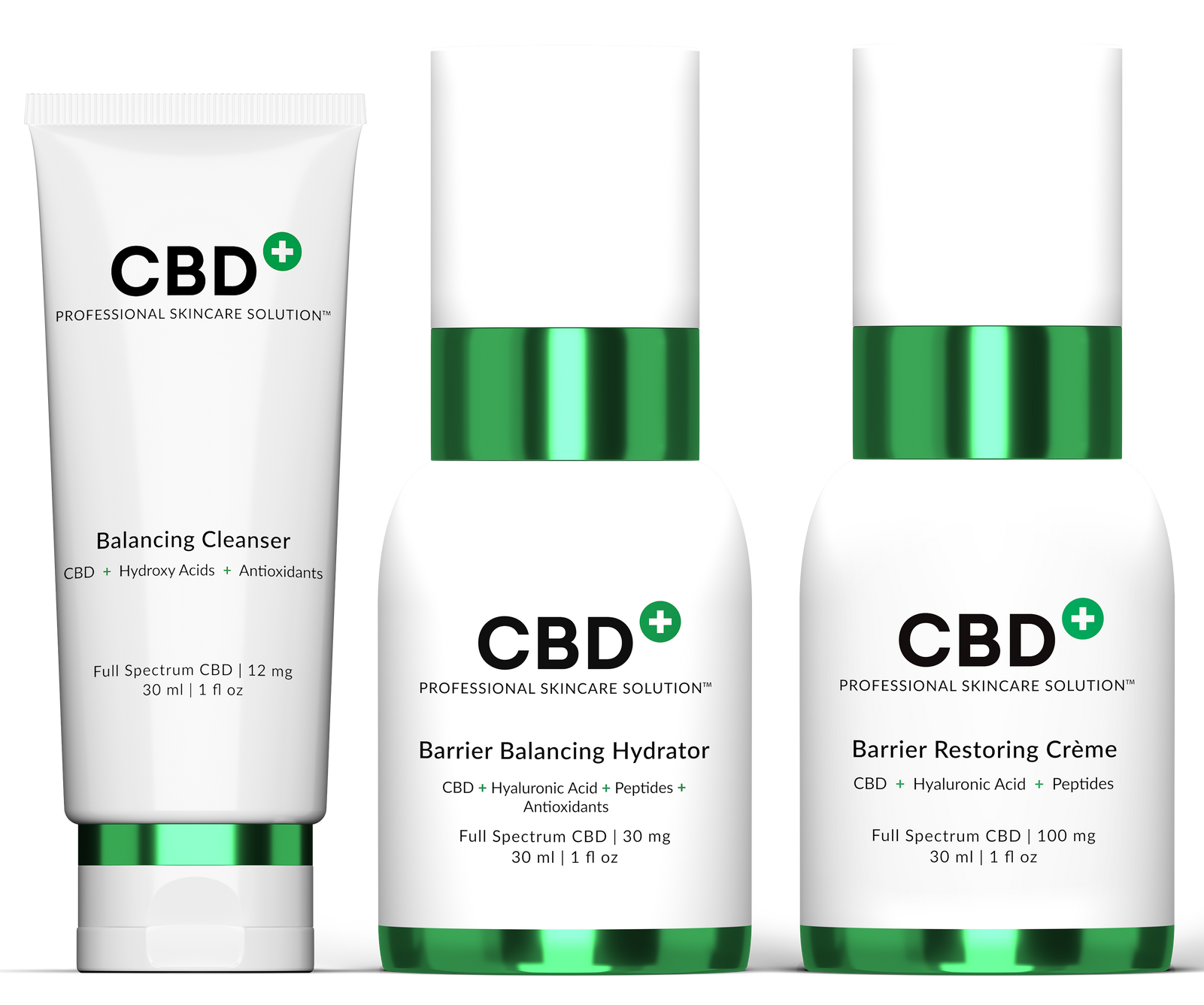 Three white skincare bottles with green accents labeled 