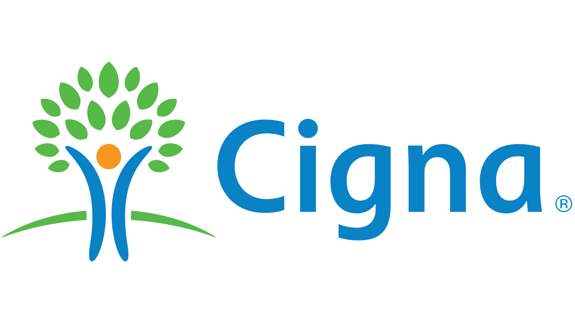 Cigna logo: Blue text next to a graphic of a person reaching up with a green tree-like crown.