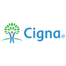 Cigna logo with a person-shaped figure with outstretched arms under a green leafy tree, beside the blue word