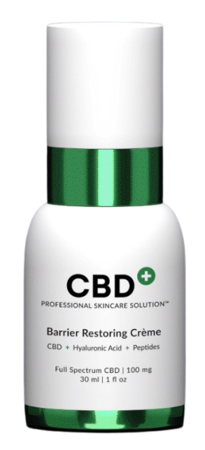 White and green CBD Barrier Restoring Crème skincare product bottle. Contains CBD, hyaluronic acid, and peptides.