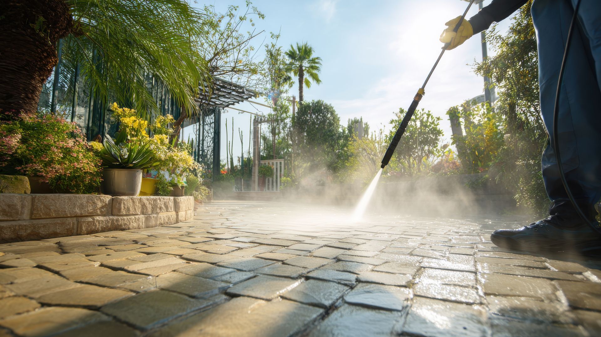 Power cleaning equipment washing stone patio with pressure washer in sunny landscaped yard. Power cleaning equipment washing stone patio with pressure washer in sunny landscaped yard.