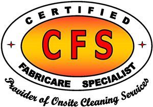 Certified Fabicare Specialist logo with orange oval and black text, "Provider of Onsite Cleaning Services"